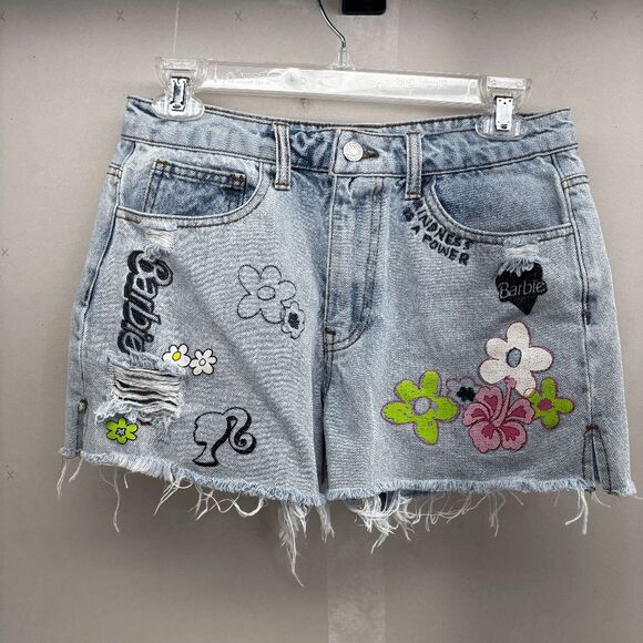 Forever 21 BARBIE Denim Jean Shorts 28 Distressed Embroidered Painted Mattel 22 - Picture 1 of 4